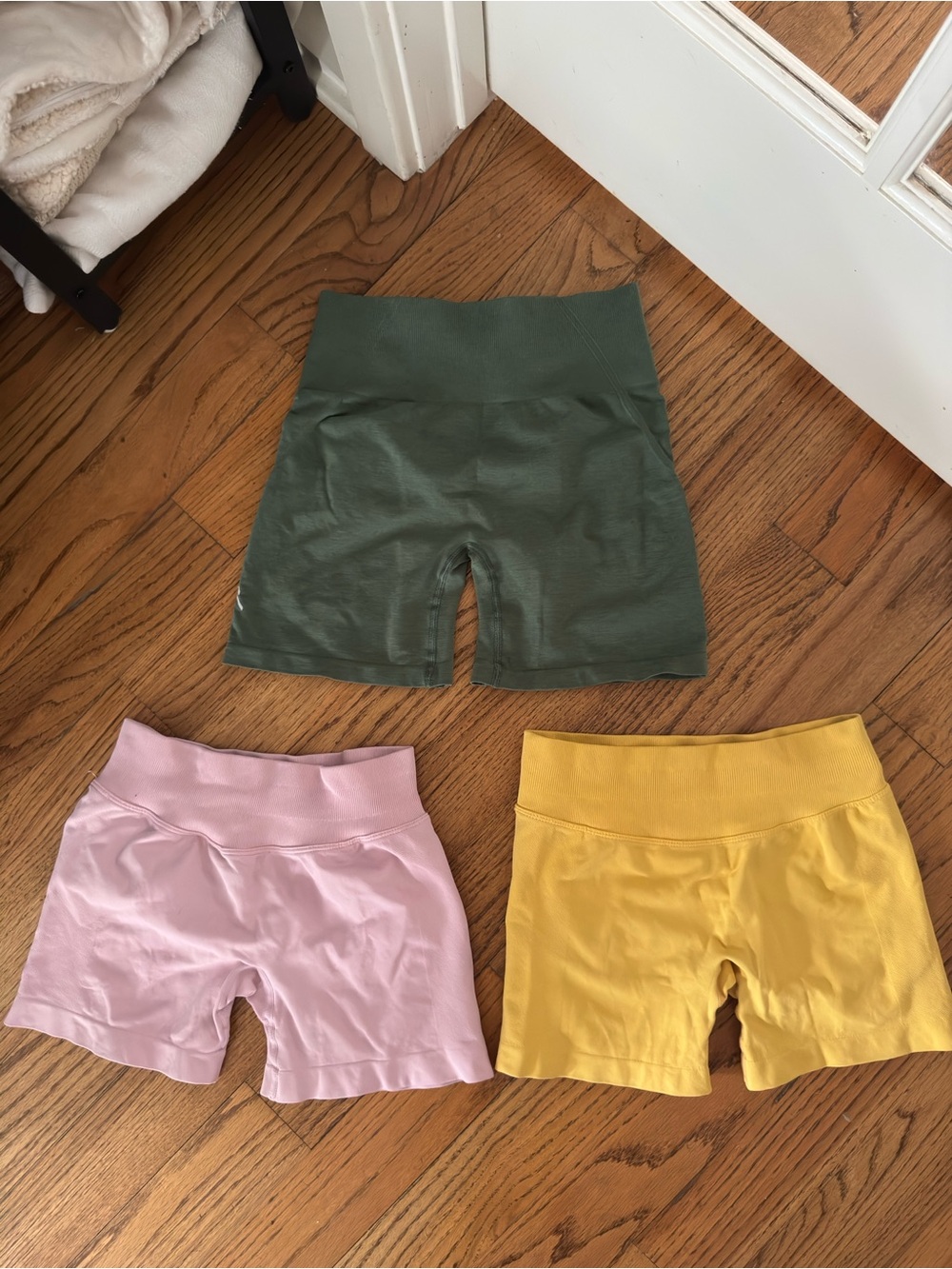 4 High-Waist Athletic Shorts — Sage, Dusty Pink, Mustard, and Black